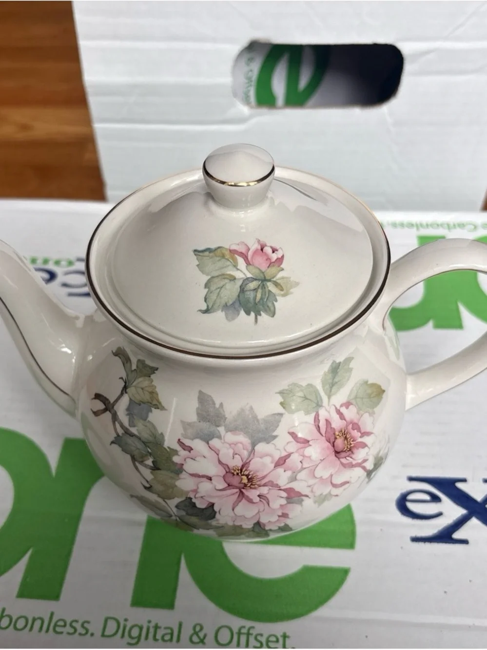 Sandler White Porcelain Teapot with Pink Rose Floral Design